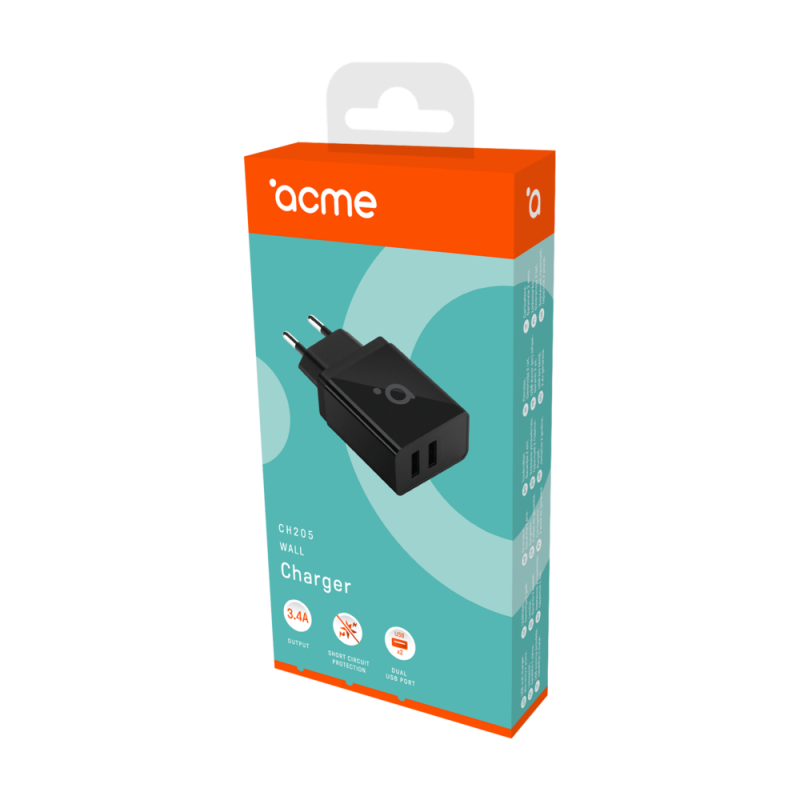 CHARGEUR MURAL ACME 2XUSB TYPE-A NOIR