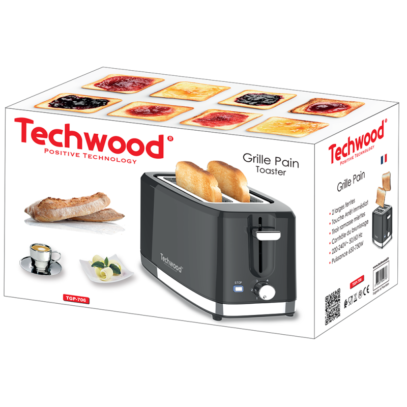 GRILLE PAIN TECHWOOD 2 FENTES LARGES INOX 750W  NOIR