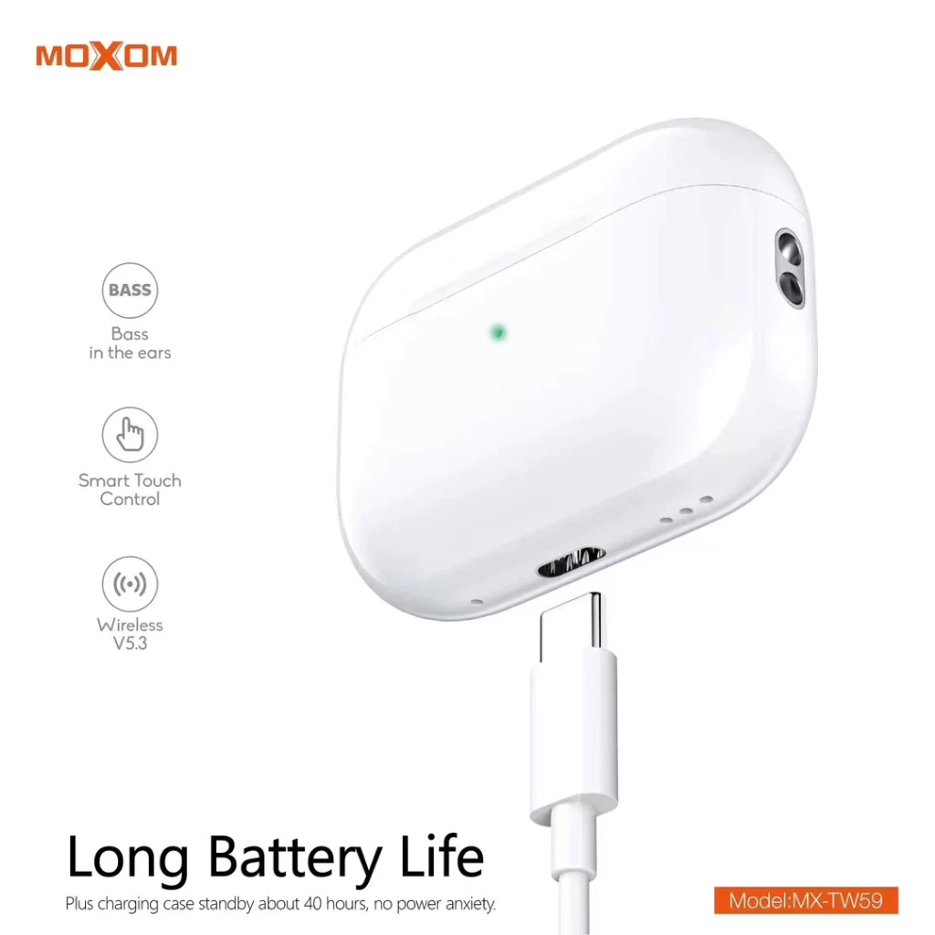 Ecouteur sans fil Hi-Fi Moxom MX-TW59 TWS, connecté au Bluetooth 5.3-Blanc
